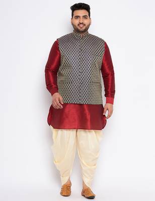 maroon silk blend jacket kurta dhoti set 1