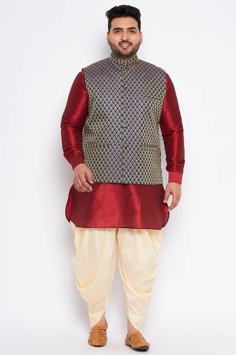 maroon silk blend jacket kurta dhoti set