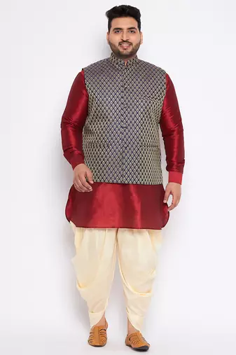 Plus maroon silk blend jacket kurta dhoti set