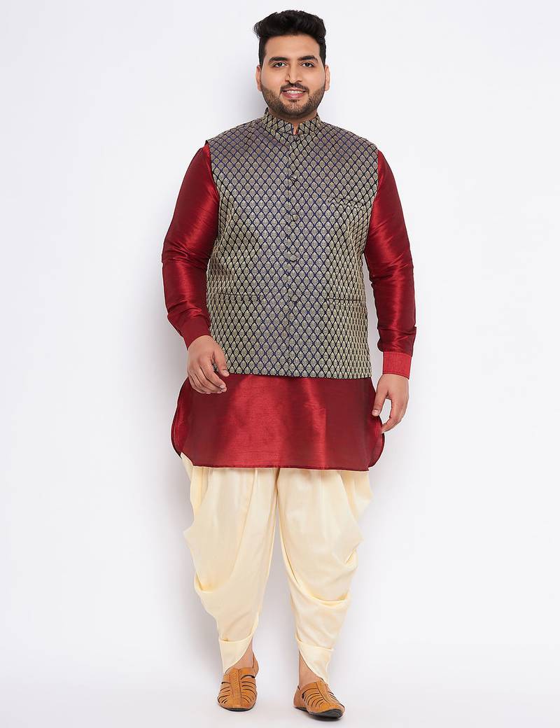 Plus maroon silk blend jacket kurta dhoti set