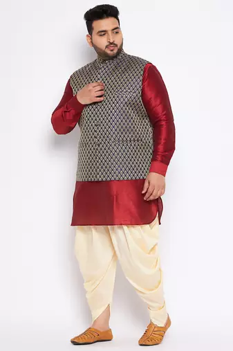 maroon silk blend jacket kurta dhoti set