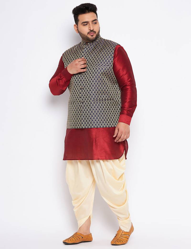 Plus maroon silk blend jacket kurta dhoti set