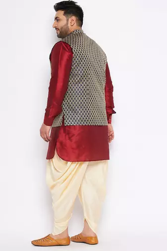 maroon silk blend jacket kurta dhoti set