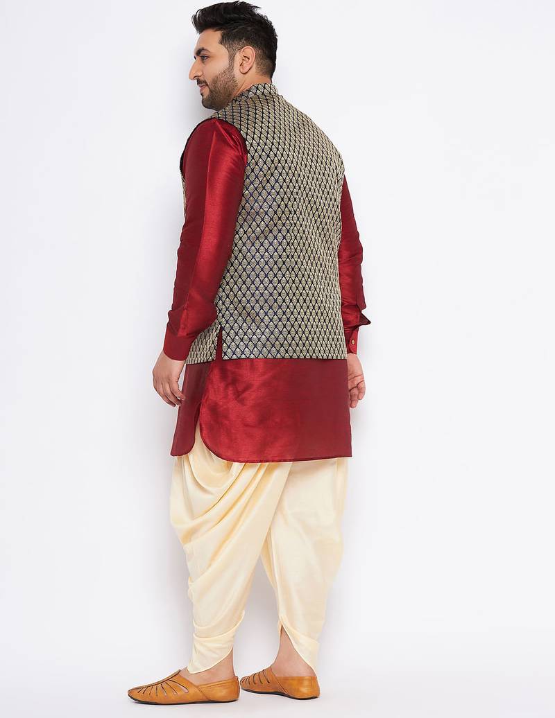 Plus maroon silk blend jacket kurta dhoti set