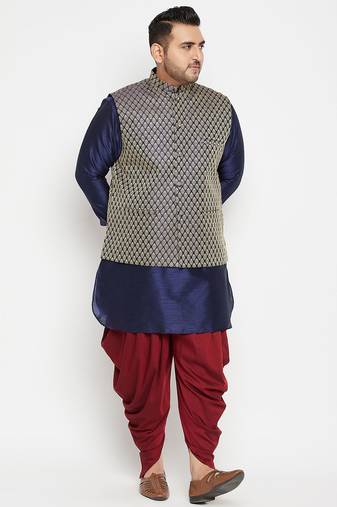 navy blue, blue and white silk blend jacket kurta dhoti set