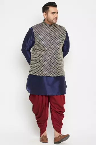 Plus navy blue, blue and white silk blend jacket kurta dhoti set
