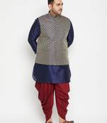 navy blue, blue and white silk blend jacket kurta dhoti set