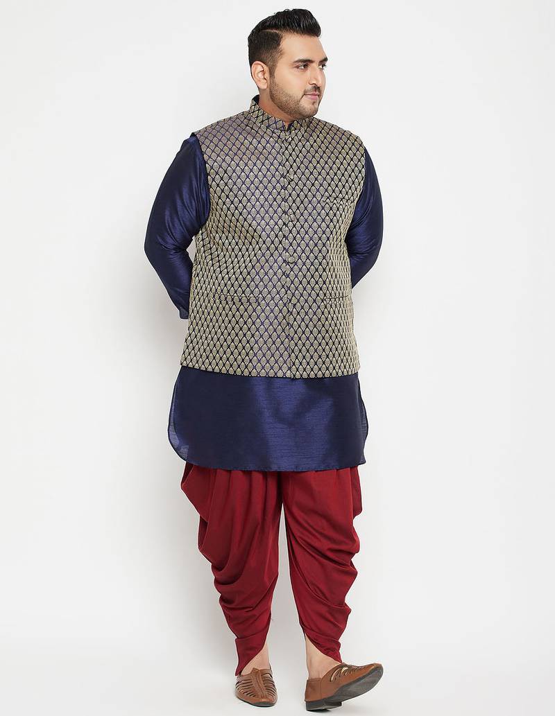 Plus navy blue, blue and white silk blend jacket kurta dhoti set