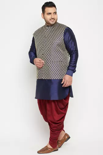 navy blue, blue and white silk blend jacket kurta dhoti set
