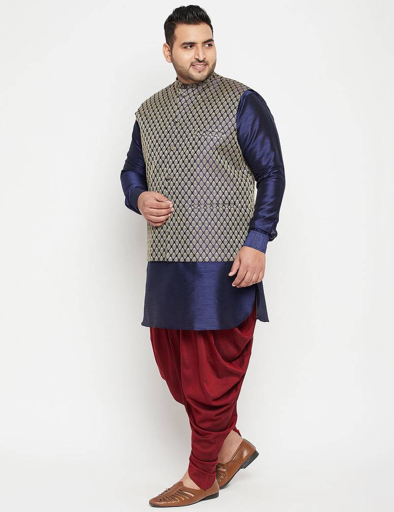 Plus navy blue, blue and white silk blend jacket kurta dhoti set