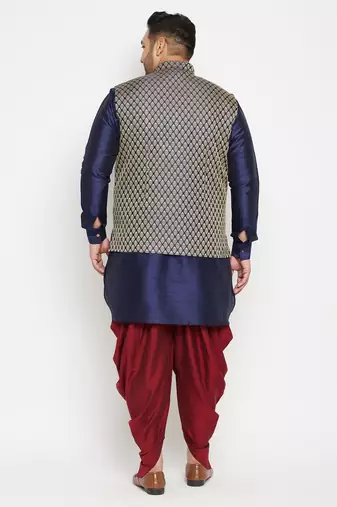 navy blue, blue and white silk blend jacket kurta dhoti set