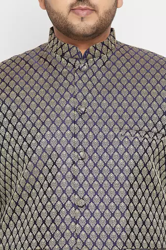 navy blue, blue and white silk blend jacket kurta dhoti set
