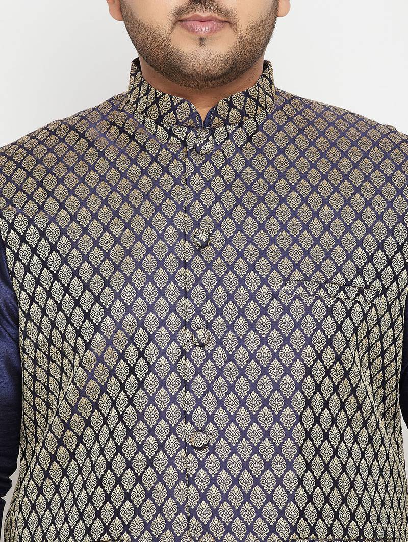 Plus navy blue, blue and white silk blend jacket kurta dhoti set