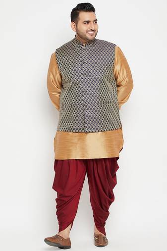 rose gold, blue and white silk blend jacket kurta dhoti set