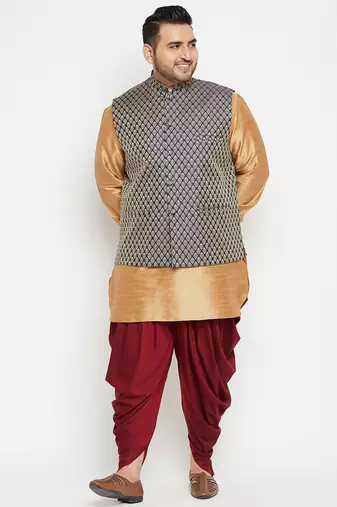 rose gold, blue and white silk blend jacket kurta dhoti set