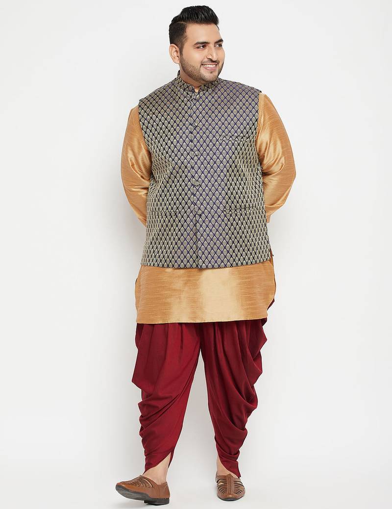 Plus rose gold, blue and white silk blend jacket kurta dhoti set