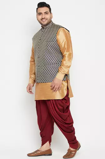 rose gold, blue and white silk blend jacket kurta dhoti set