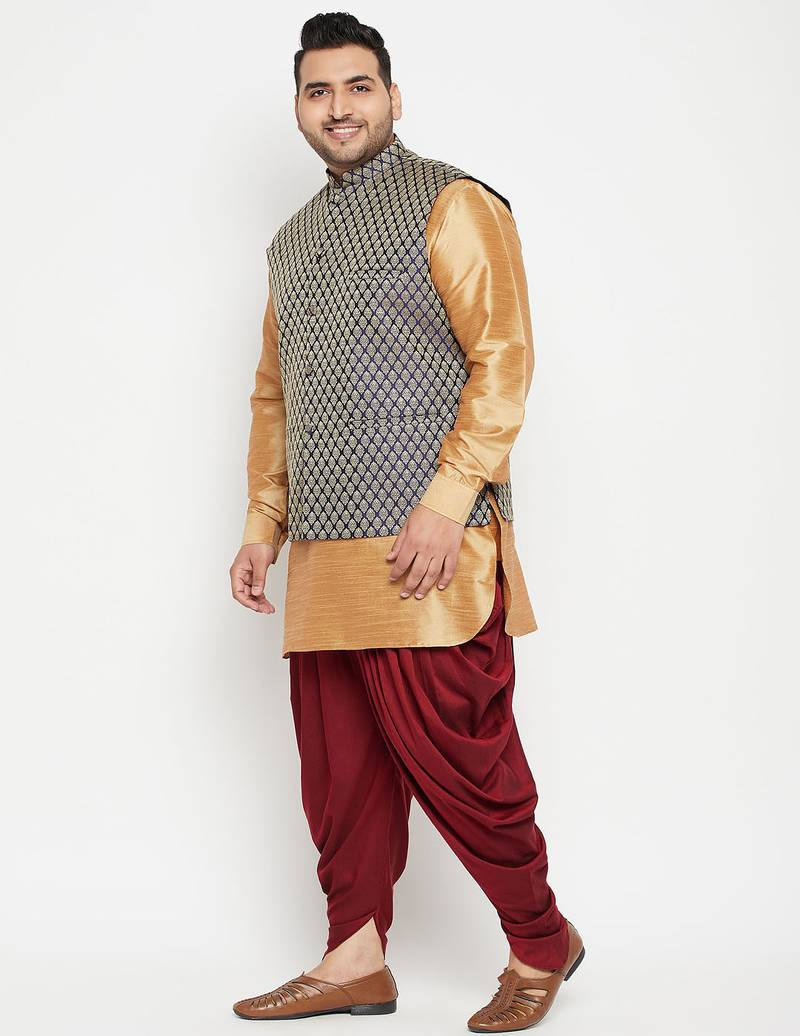 Plus rose gold, blue and white silk blend jacket kurta dhoti set