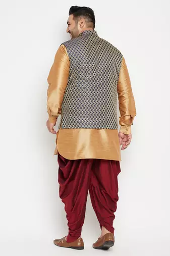 rose gold, blue and white silk blend jacket kurta dhoti set