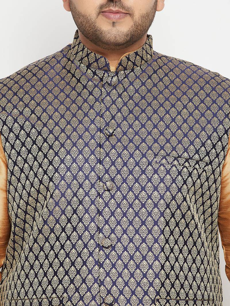 Plus rose gold, blue and white silk blend jacket kurta dhoti set