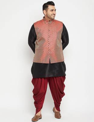 Black and Maroon Silk Blend Jacket Kurta Dhoti Set 1