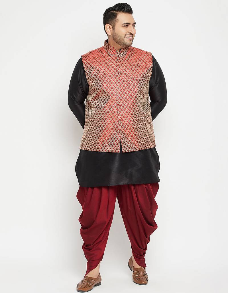 Plus black and maroon silk blend kurta ja