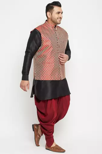 Black and Maroon Silk Blend Jacket Kurta Dhoti Set