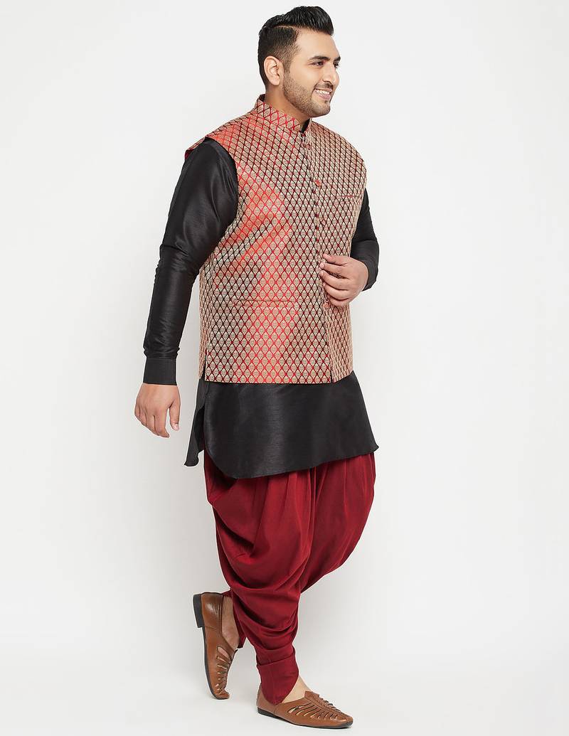 Plus black and maroon silk blend kurta ja