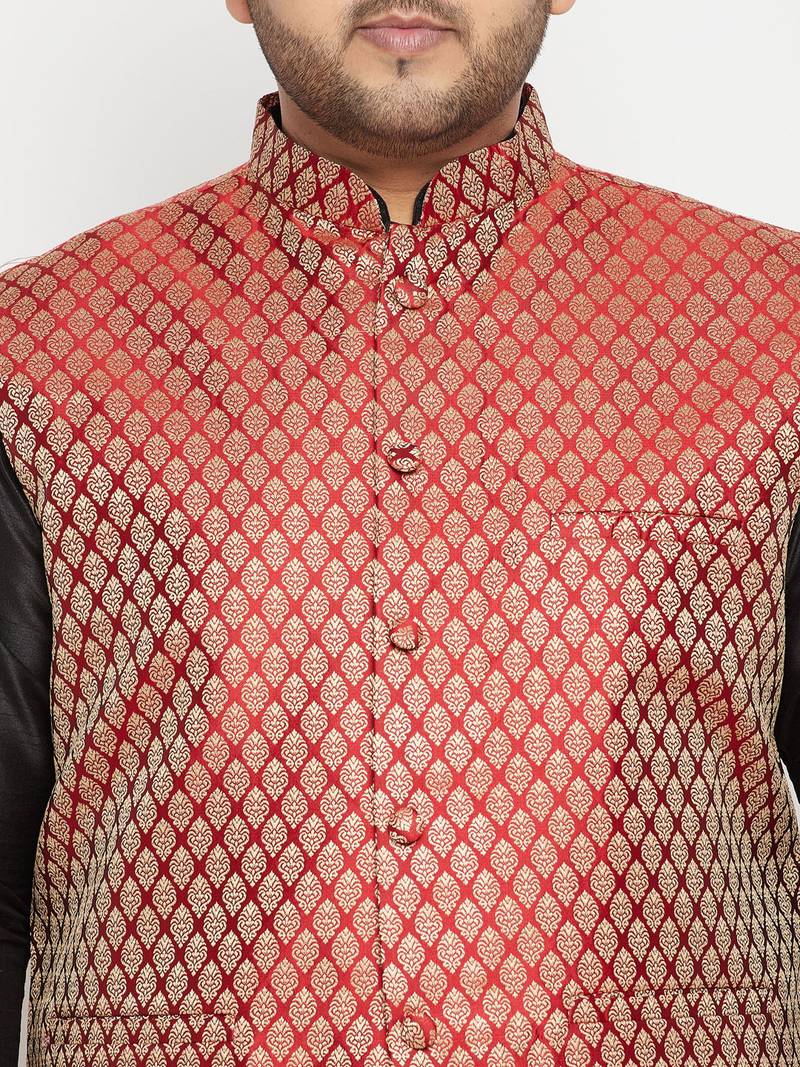 Plus black and maroon silk blend kurta ja