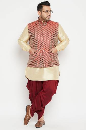gold, maroon and white silk blend jacket kurta dhoti set