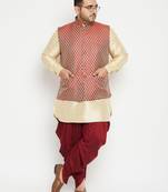 gold, maroon and white silk blend jacket kurta dhoti set