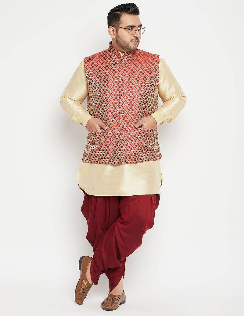 Plus gold, maroon and white silk blend jacket kurta dhoti set