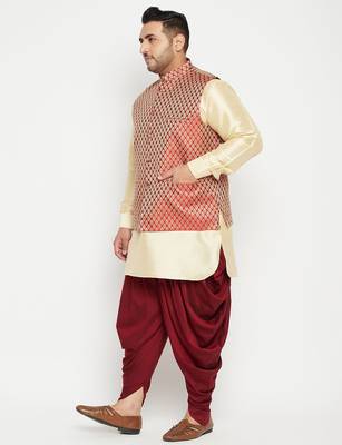 gold, maroon and white silk blend jacket kurta dhoti set 2