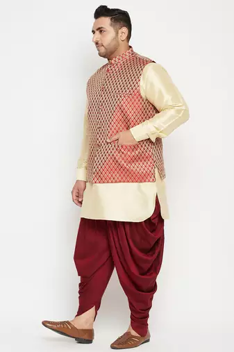 gold, maroon and white silk blend jacket kurta dhoti set