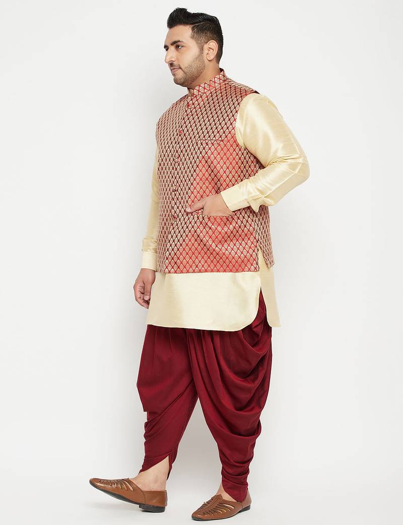 Plus gold, maroon and white silk blend jacket kurta dhoti set