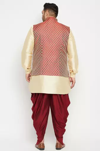 gold, maroon and white silk blend jacket kurta dhoti set