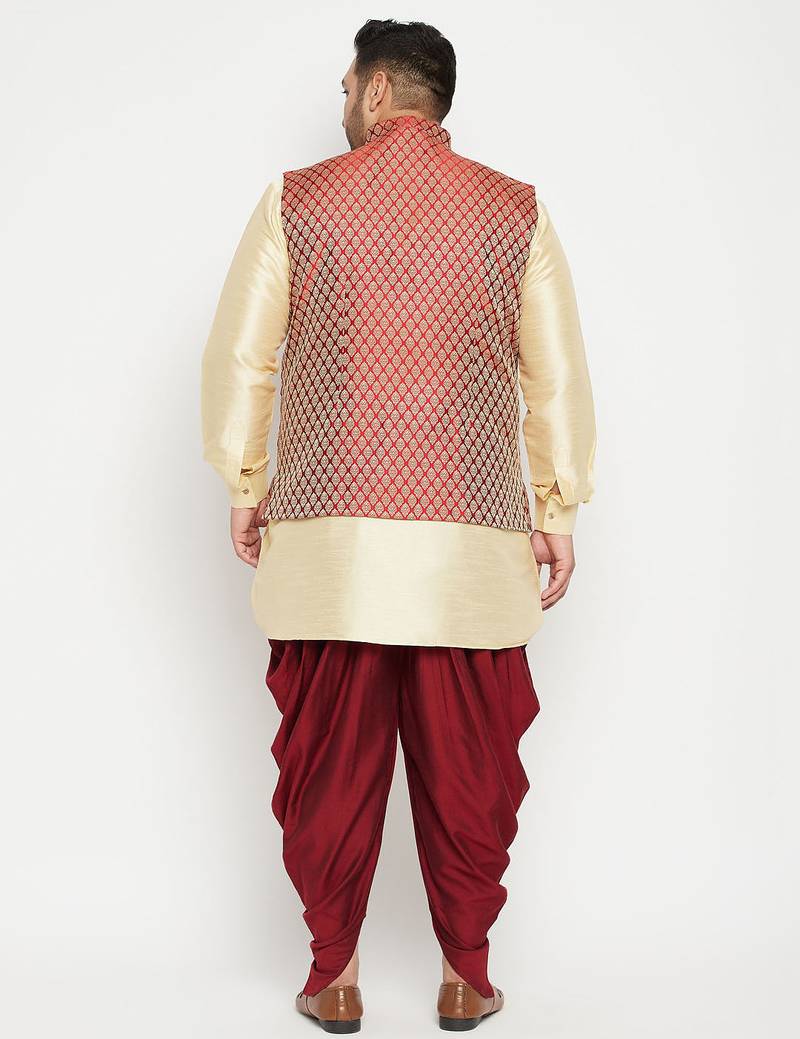 Plus gold, maroon and white silk blend jacket kurta dhoti set