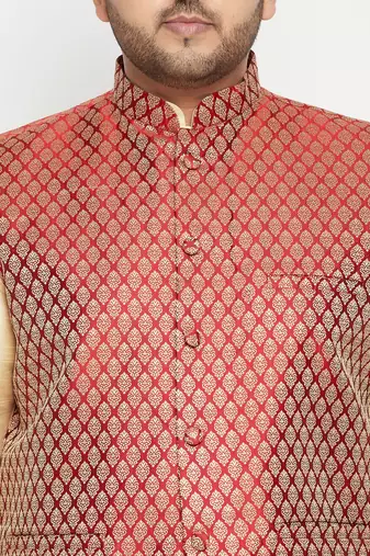 gold, maroon and white silk blend jacket kurta dhoti set