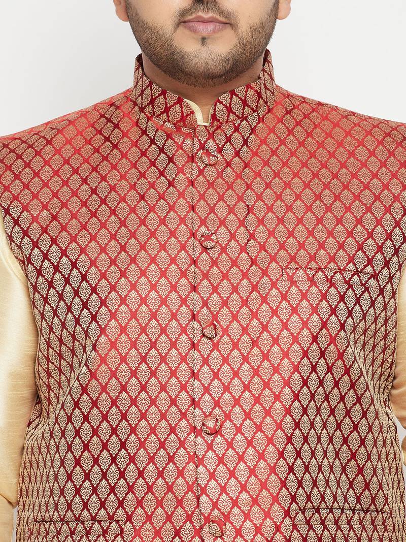 Plus gold, maroon and white silk blend jacket kurta dhoti set