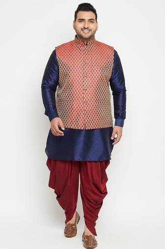 navy blue and maroon silk blend jacket kurta dhoti set
