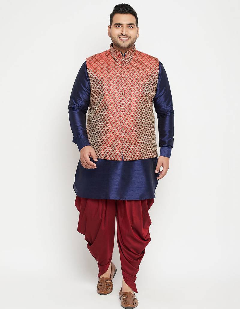 Plus navy blue and maroon silk blend jacket kurta dhoti set