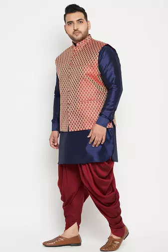 navy blue and maroon silk blend jacket kurta dhoti set