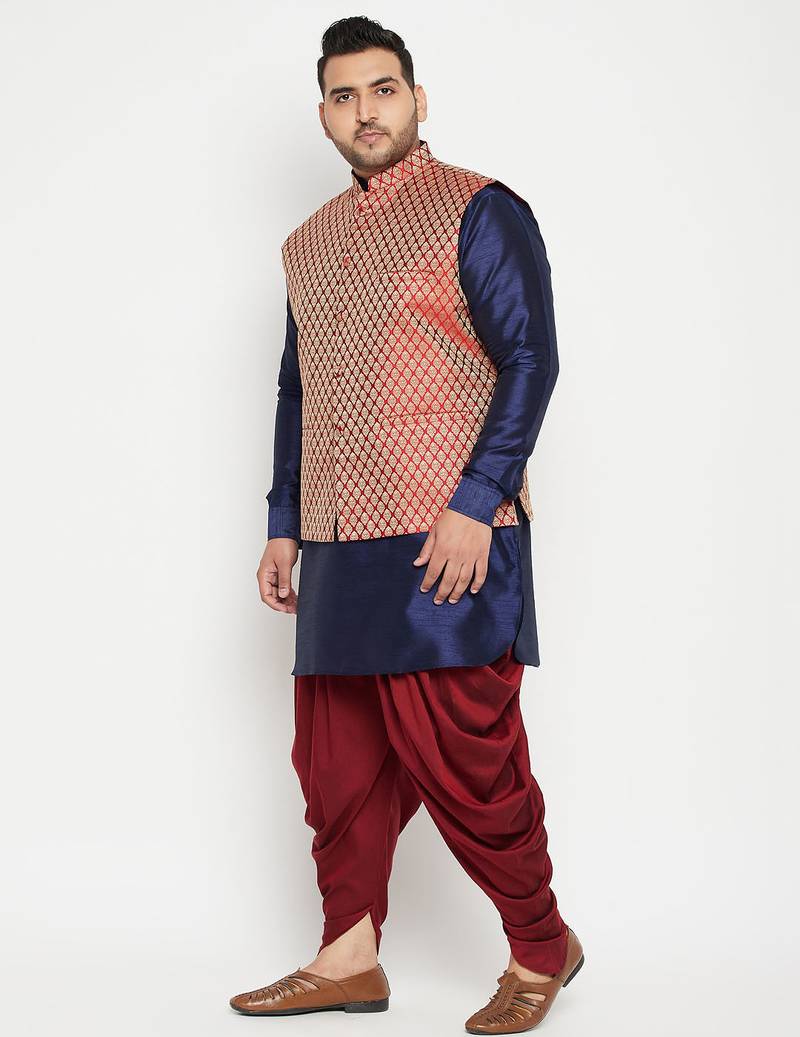 Plus navy blue and maroon silk blend jacket kurta dhoti set
