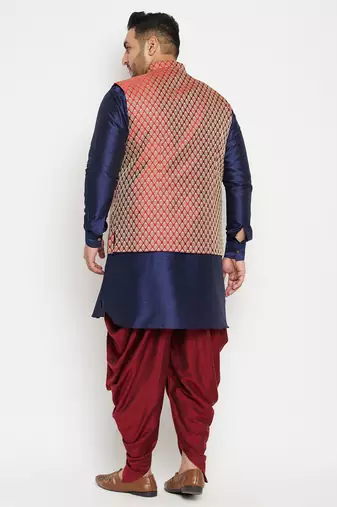 navy blue and maroon silk blend jacket kurta dhoti set