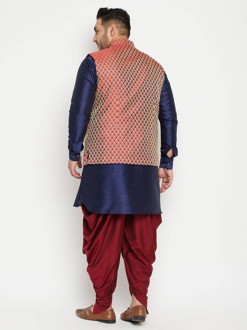 Plus navy blue and maroon silk blend jacket kurta dhoti set