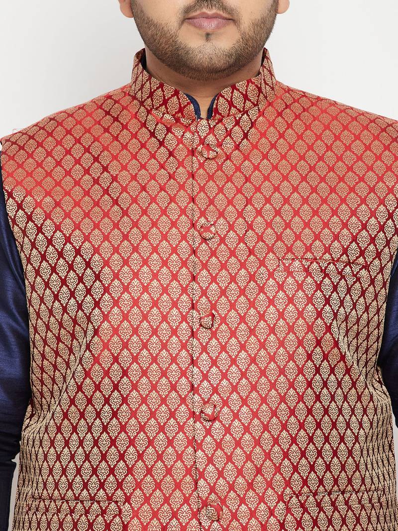 Plus navy blue and maroon silk blend jacket kurta dhoti set