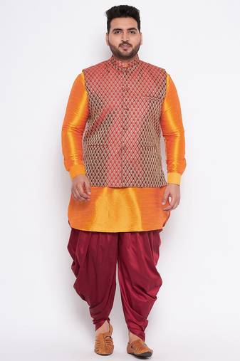 orange silk blend jacket kurta dhoti set