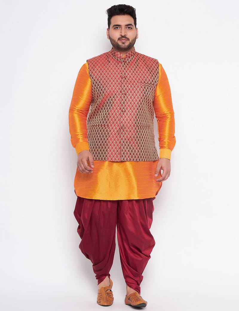 Plus orange silk blend jacket kurta dhoti set