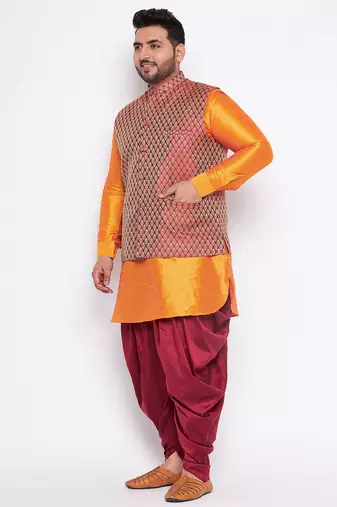 orange silk blend jacket kurta dhoti set