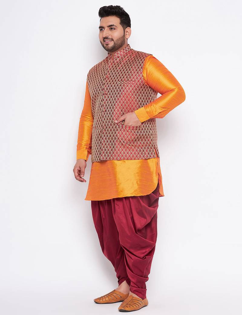 Plus orange silk blend jacket kurta dhoti set